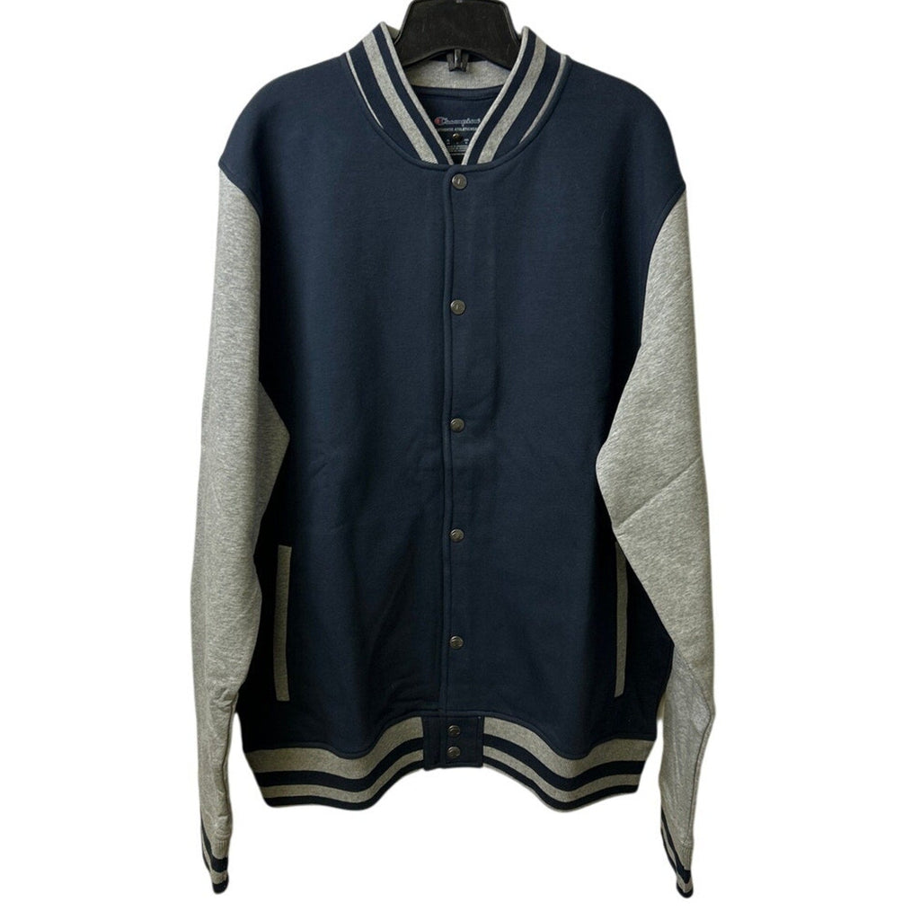 New Champion Mens Medium Navy Gray SnapUp PolyCotton Athletic Wear Bomber Jacket