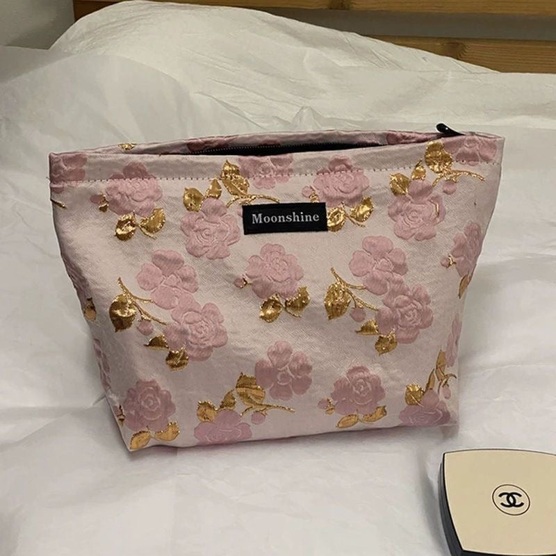 Floral Storage Pouch - Premium Cotton Cosmetic Bag with Nylon Lining