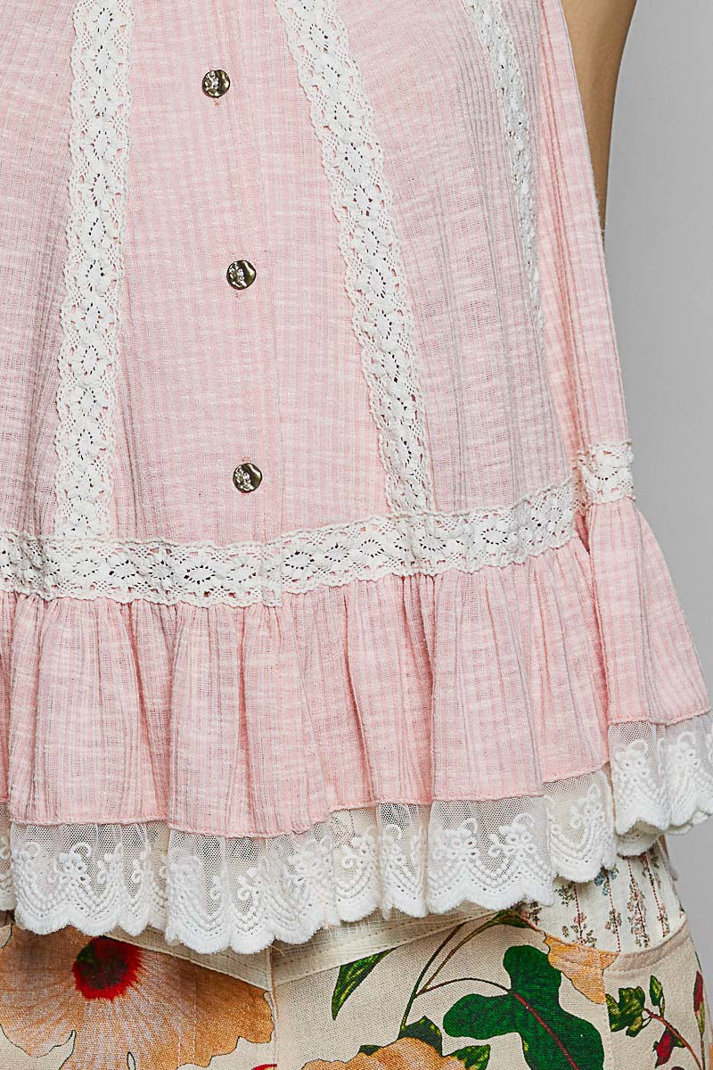 POL Lace Trim Ruffle Hem Button Detail Round Neck Sleeveless Top
