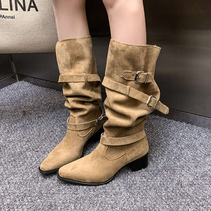 Women's Suede Pointed Toe Chunky Heel Ankle Boots | Sarah Express