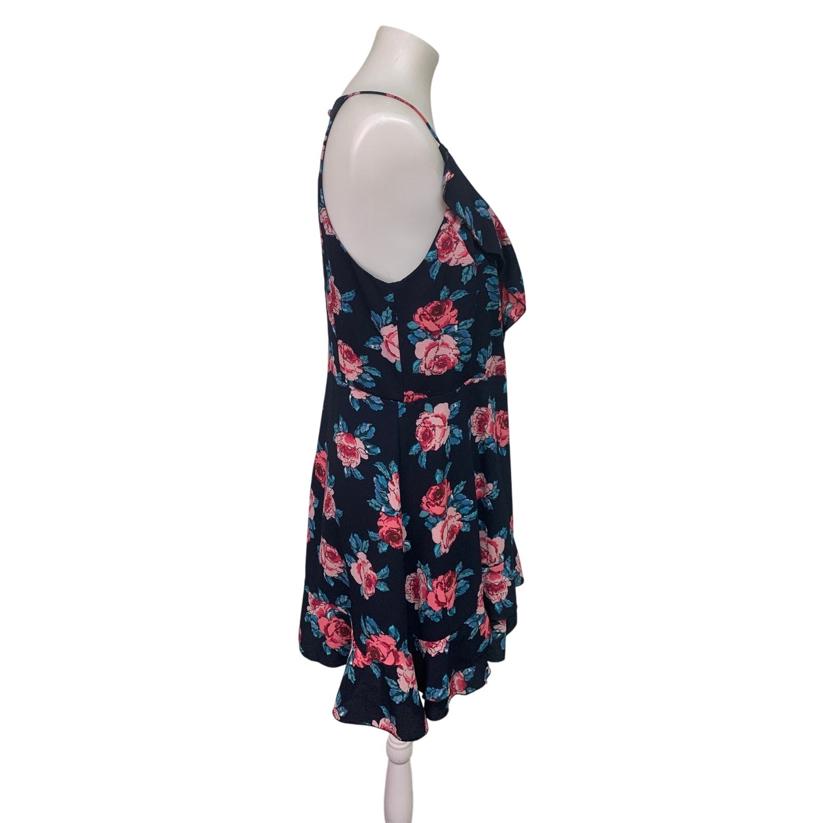 Mi Ami Womens Medium Ruffled Floral Thin Strap Flowy Back Zip Fit n Flare Dress