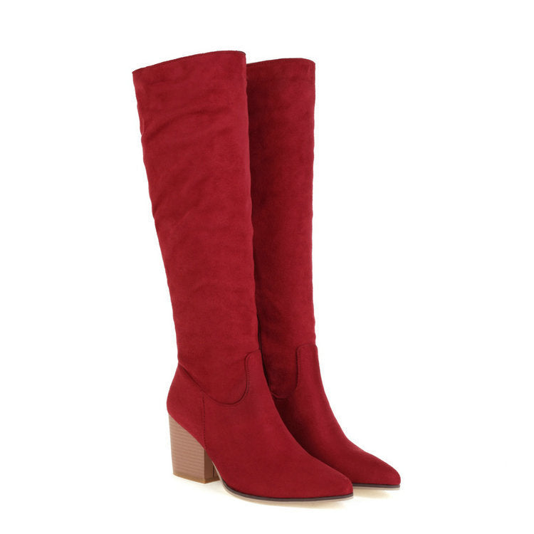 Women's Suede High-Top Boots – Chunky Heel, Pointed Toe, Side Zipper | Sarah Express