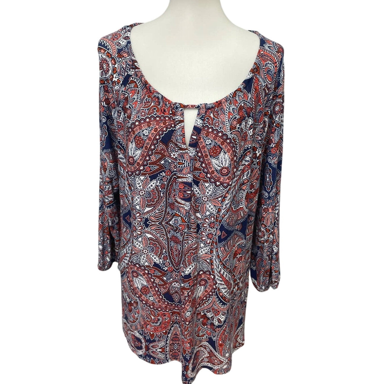 CB Womens XL 3/4 Sleeve Keyhole Front Boho Paisley Floral Flowy Rayon Blend Top