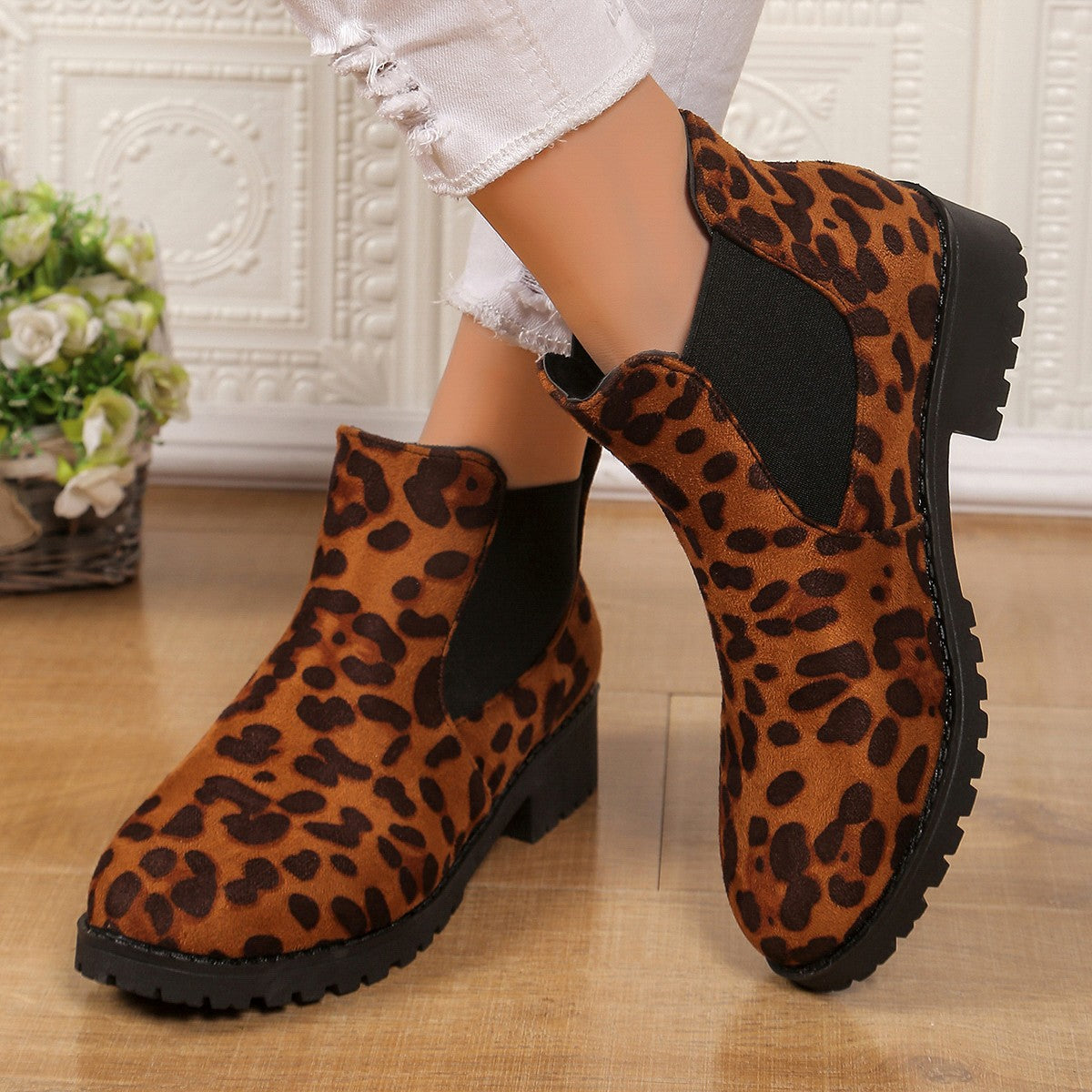Leopard Print Ankle Boots Women - Mid Heel Chunky Sole Slip-On Boots
