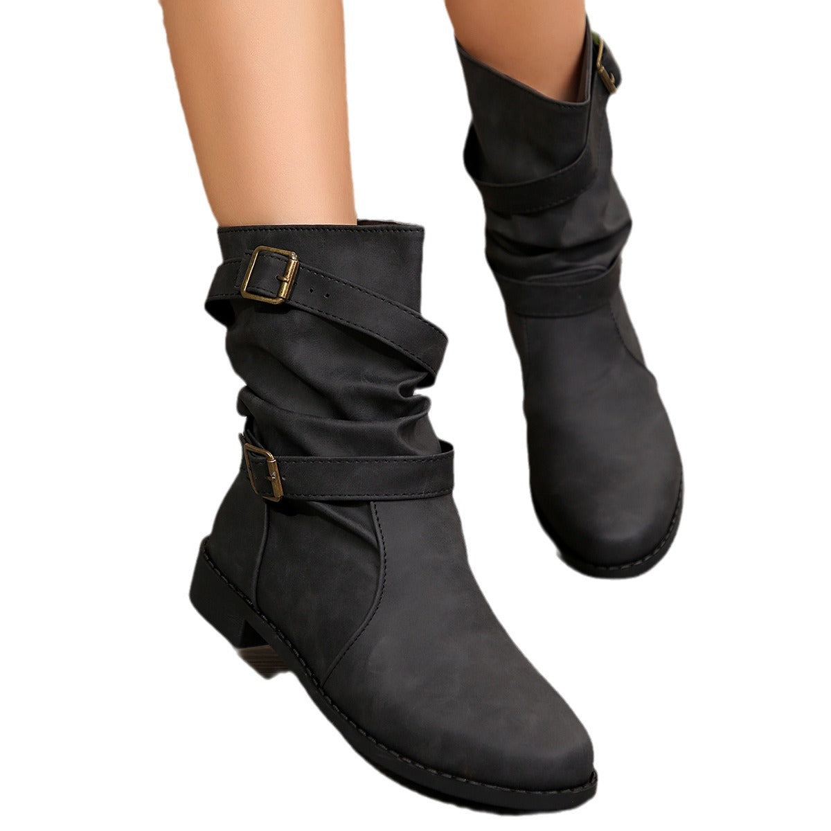 Women's Retro Distressed Barrel Boots | Metal Buckle Mid-Calf Suede Boots with Square Heel
