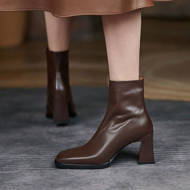 Women's Square Toe Chunky Heel Short Boots | Side Zipper PU Leather Fashion Boots