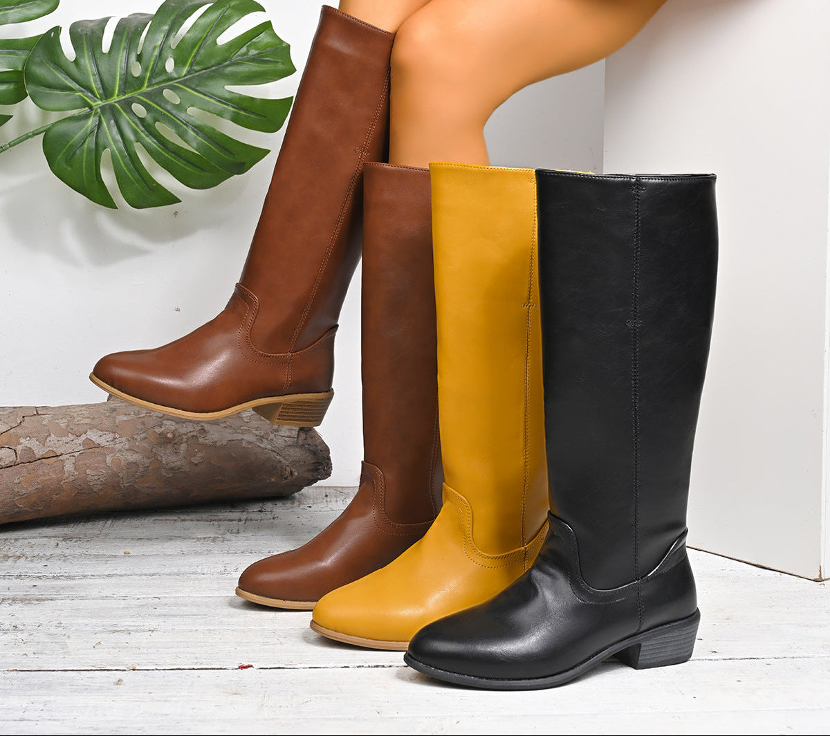 Women's British-Style Knee-High Boots – Chunky Heel Slip-On | Black, Yellow, Brown