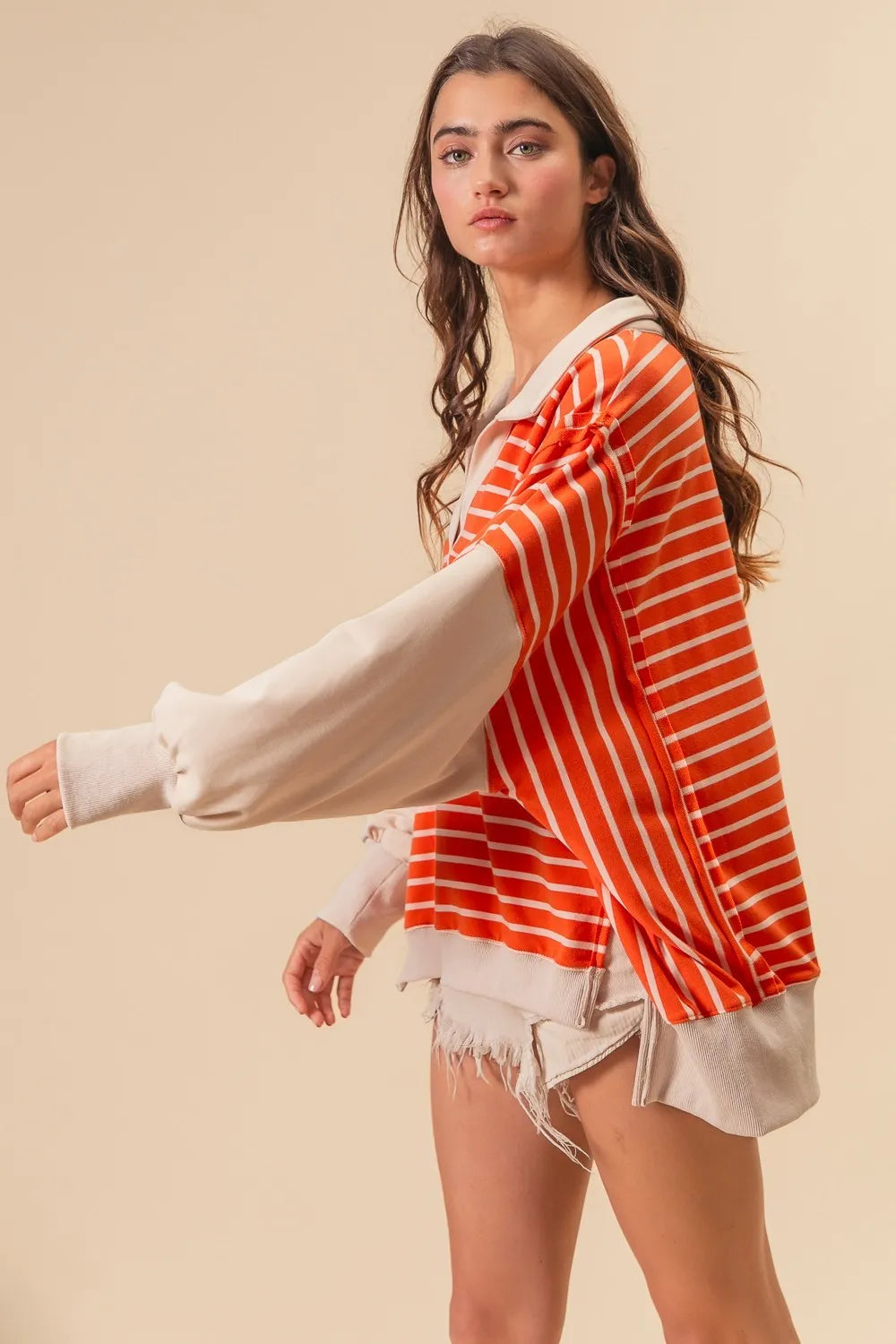 BiBi Stripe Knit Loose Fit Top With Cut Edge Detail