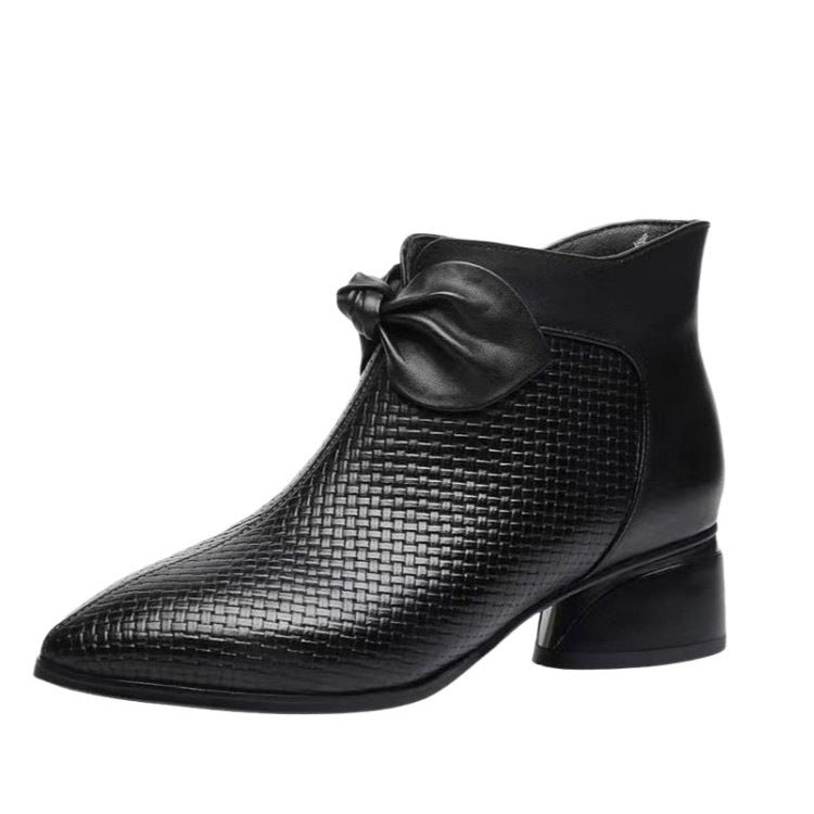Women's Pointed Toe Chunky Heel Ankle Boots with Side Zipper & Bow Detail