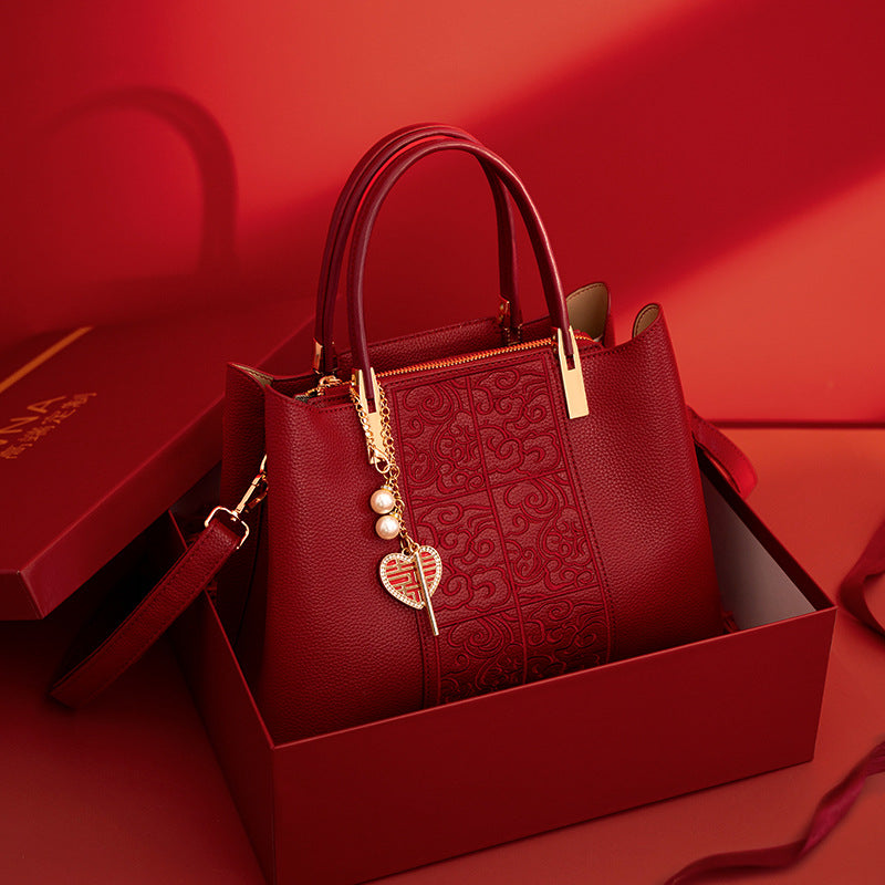 Red Embroidered Tote Bag - High Capacity PU Leather Shoulder Bag for Women