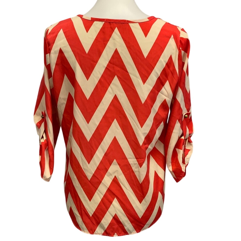 Paper Moon Womens Large Chevron Stripe Tabbed Sleeve Lightweight Blouse Top
