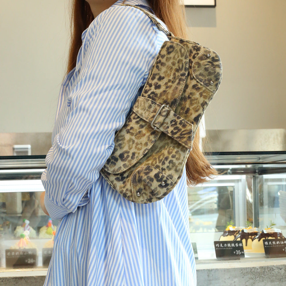 Leopard Print Underarm Bag - Distressed Canvas Shoulder Bag for Women
