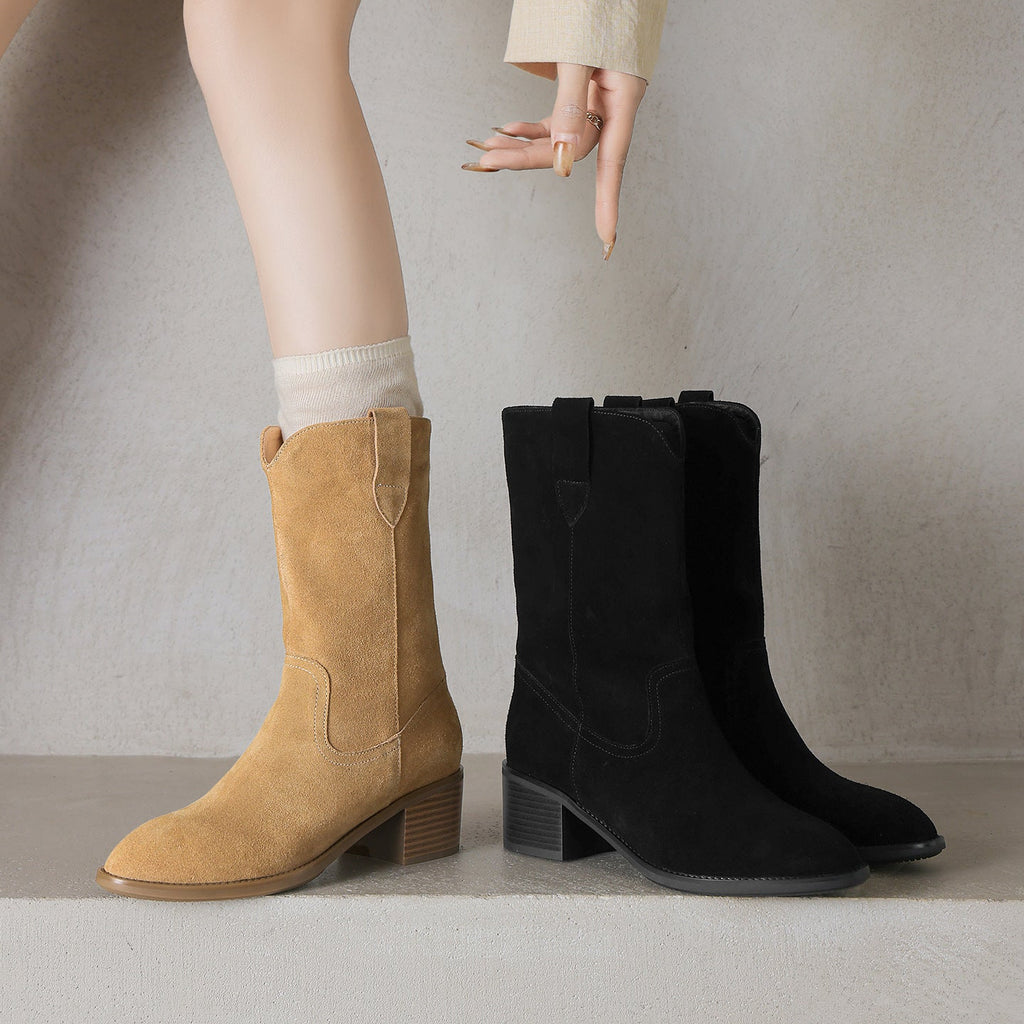 Women's Genuine Cowhide Leather Chunky Heel Mid-Calf Boots | Square Toe Side Zipper | Matte Embossed Finish