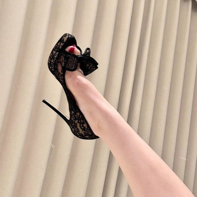 Women's Mesh Lace Embroidered Platform Sandals with Bowknot Detail