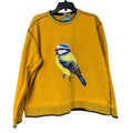 Upcycled Hand Printed Womens XL Yellow Blue Wild Bird Long Sleeve Sweatshirt