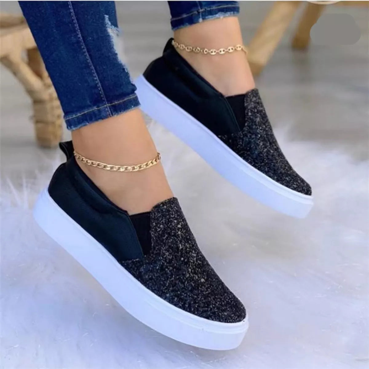 Women's Sequin Platform Slip-On Flats | Sparkle Round Toe Shoes