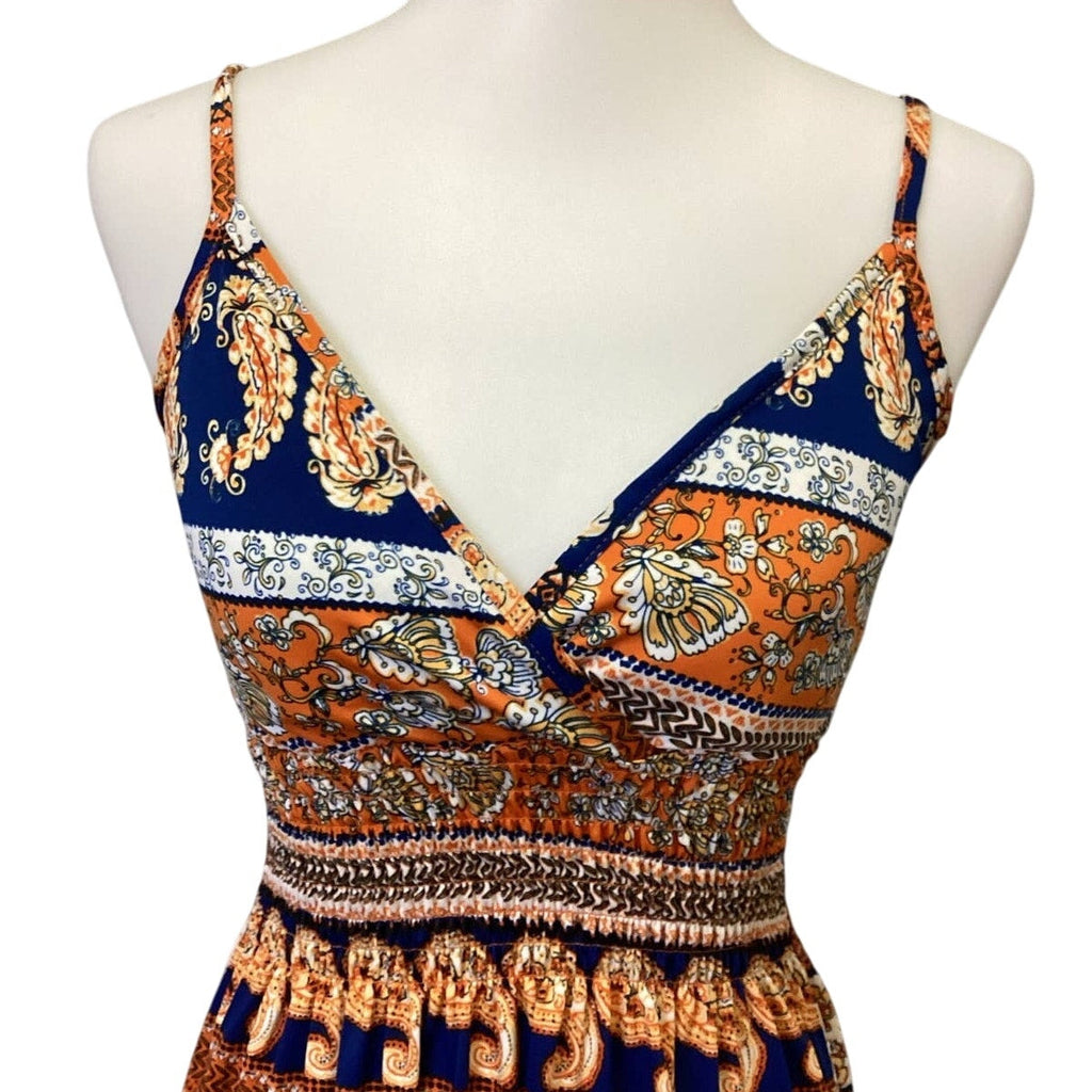 Bobbie Brooks Womens Medium Boho Paisley Floral Print Strappy Deep V Maxi Dress