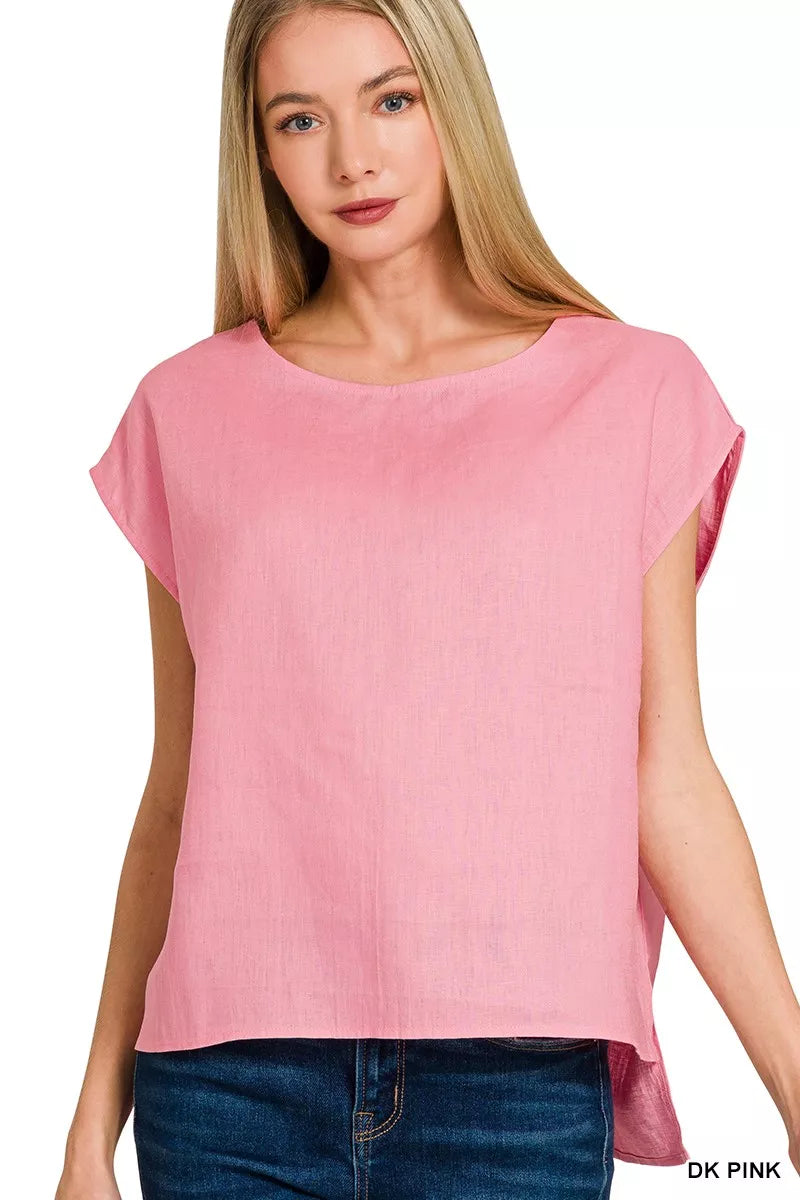 Zenana Linen Round Neck Cap Sleeve Top