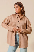 SO ME Faux Sued Snap Shacket with Collar and Pockets