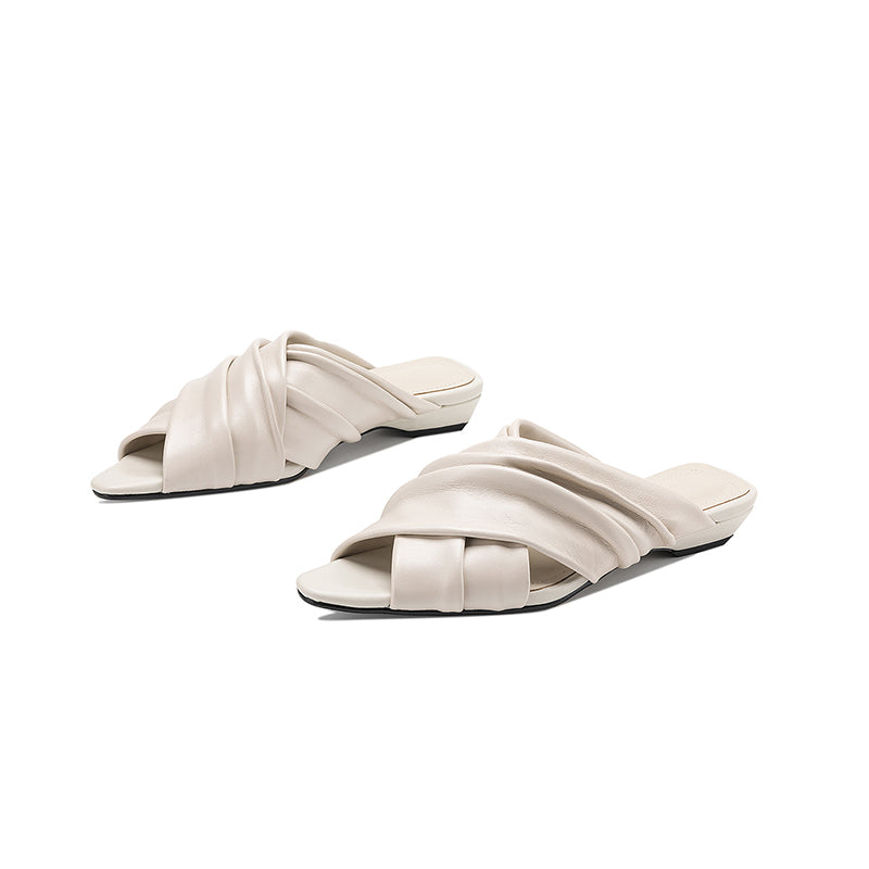 Women's Ruched Lambskin Slide Sandals | Square-Toe Handmade Leather Flat Mules