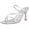 Shoe'N Tale Womens Size 7.5 Shiny Silver Open Toe Slide On 4" Heel Sandal Shoes