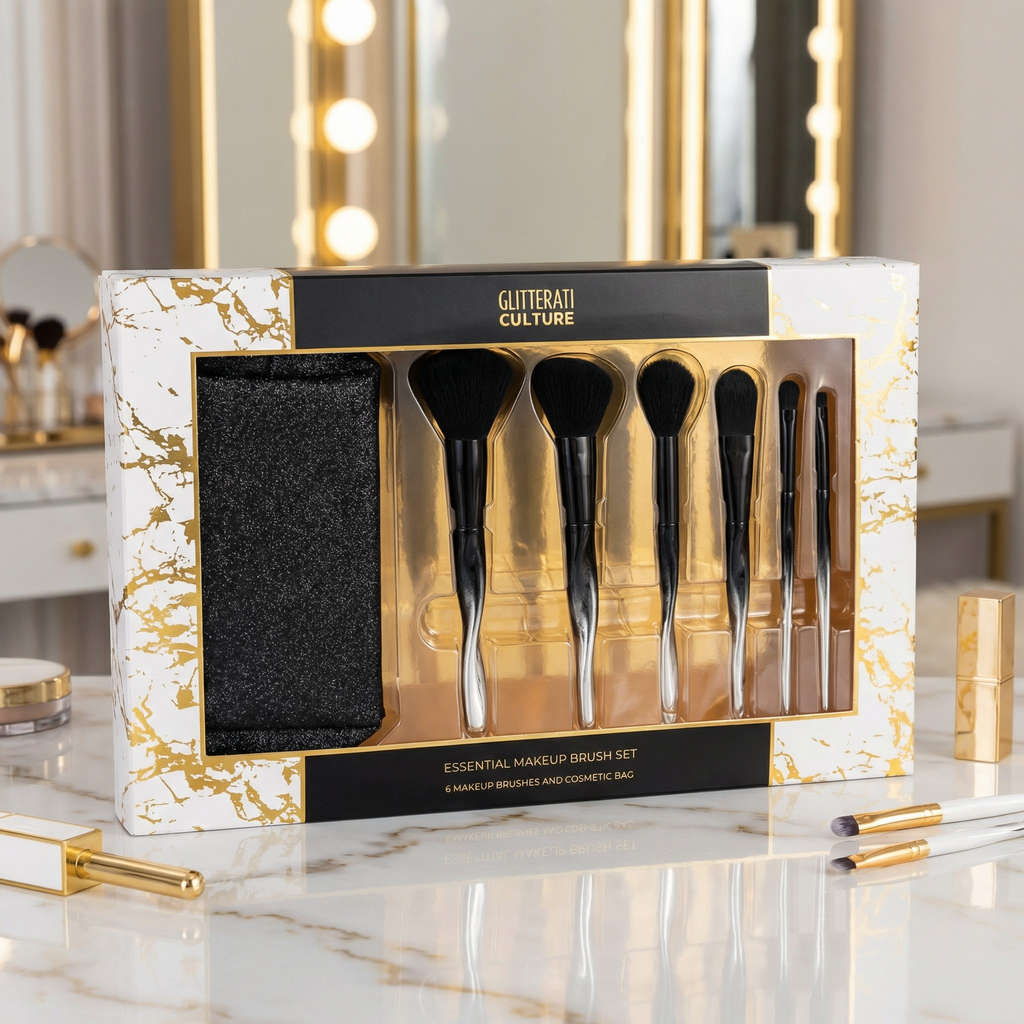 💯Glitterati Culture Large Essential Makeup Brush Set 6-Pc + Cosmetic Bag