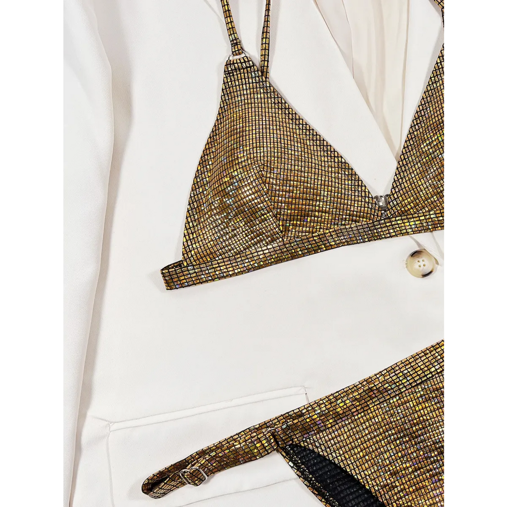 Glitter Sequin Bikini Set – Metal Ring Thong Swimwear