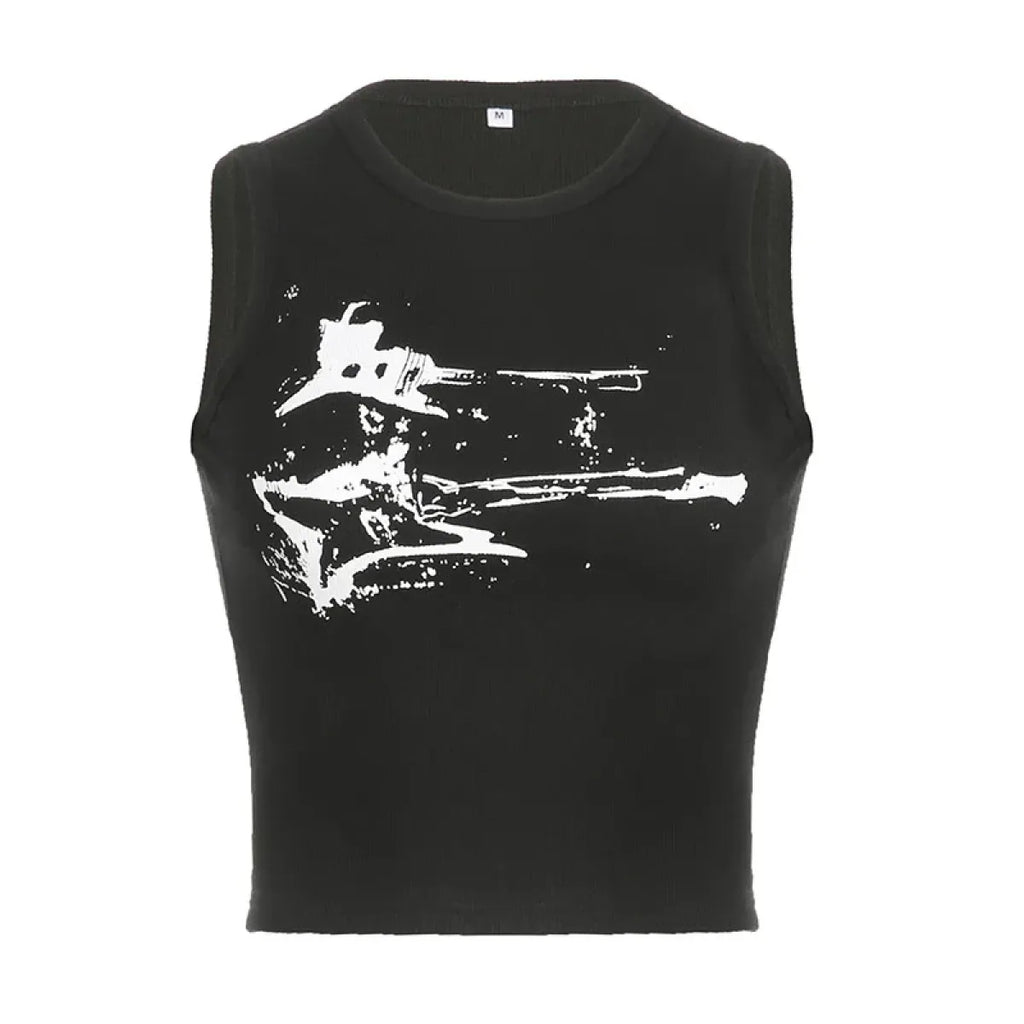 Guitar Print Tank Top - Ribbed Grunge Crop Top