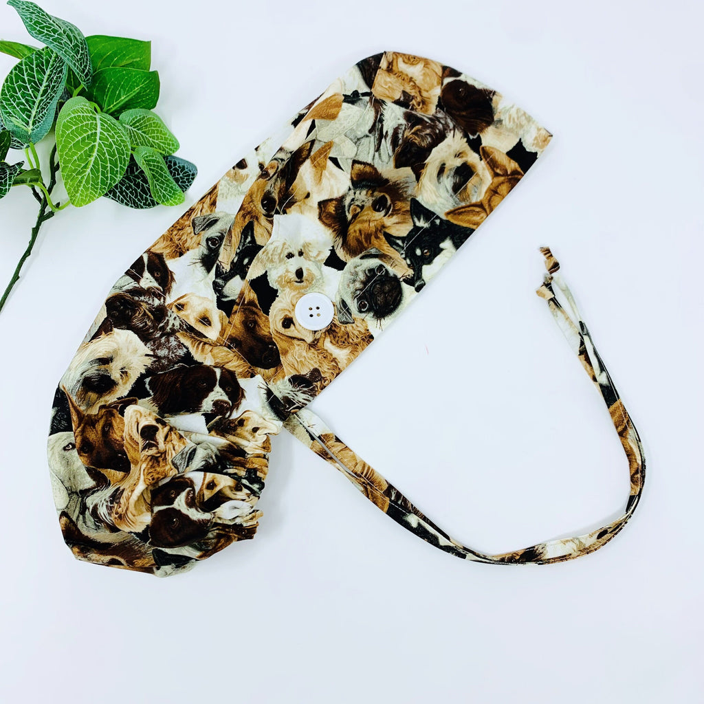 Dogs Ponytail scrub cap for women with satin lined option by Paradise Caps.