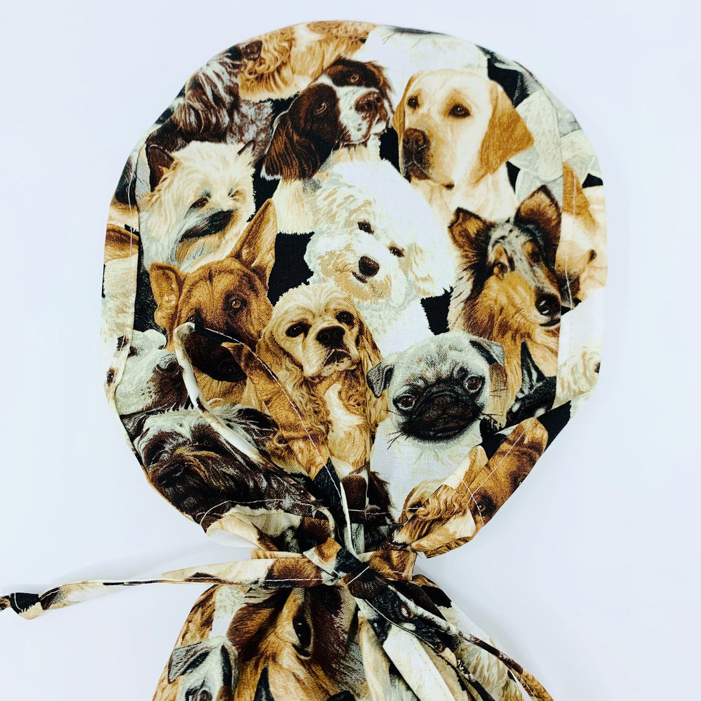 Dogs Ponytail scrub cap for women with satin lined option by Paradise Caps.