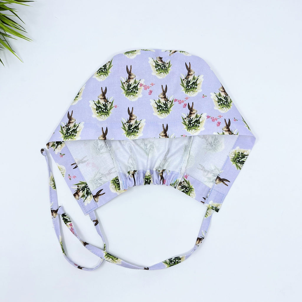 Easter surgical cap.  Bunnies - Lilac Scrub Cap.