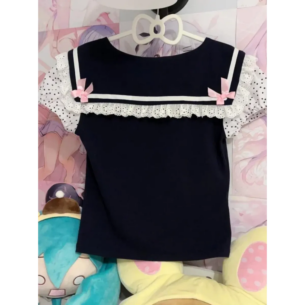 Y2K Lace T-shirt - Kawaii Cartoon Embroidery Graphic Tee