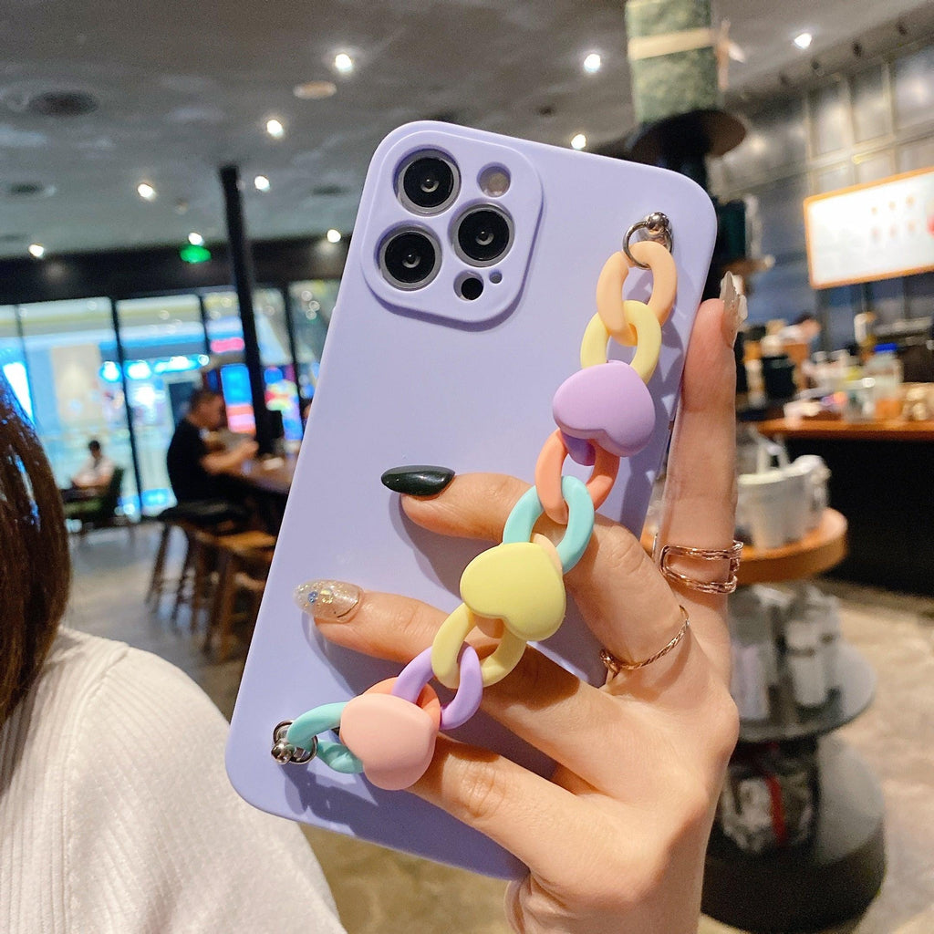 Modern Colorful Bracelet Phone Case For iPhone 11 12 13 Pro Max X XS XR 6 7 8 Plus 12 Mini Colorful Heart-Shaped Chain Silicone Cute Heart Chain Back Cover for iPhone 12 Pro Max Soft Silicone Back Cover