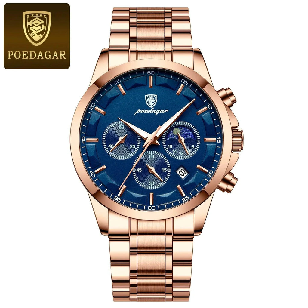 POEDAGAR Luxury Men's Chronograph Watch - Waterproof, Luminous, Leather Strap
