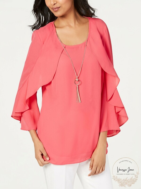 Jm Collection Petite Ruffle-Sleeve Necklace Blouse,Size Petite Large