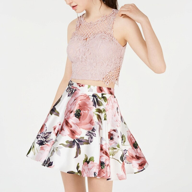 City Studios Juniors’ Solid Top & Floral Skirt, Pink, Size 7