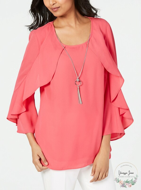 Jm Collection Petite Ruffle-Sleeve Necklace Blouse,Size Petite Large