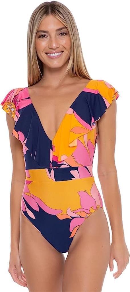 Trina Turk Swim  Breeze Ruffle Plunge One Piece / Multicolor, Size 10