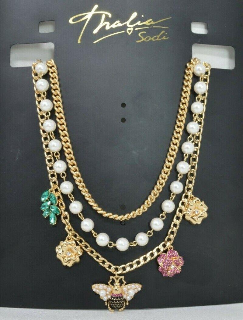 Thalia Sodi Gold-Tone Crystal, Imitation Pearl Bee Multi-Charm Layered Necklace