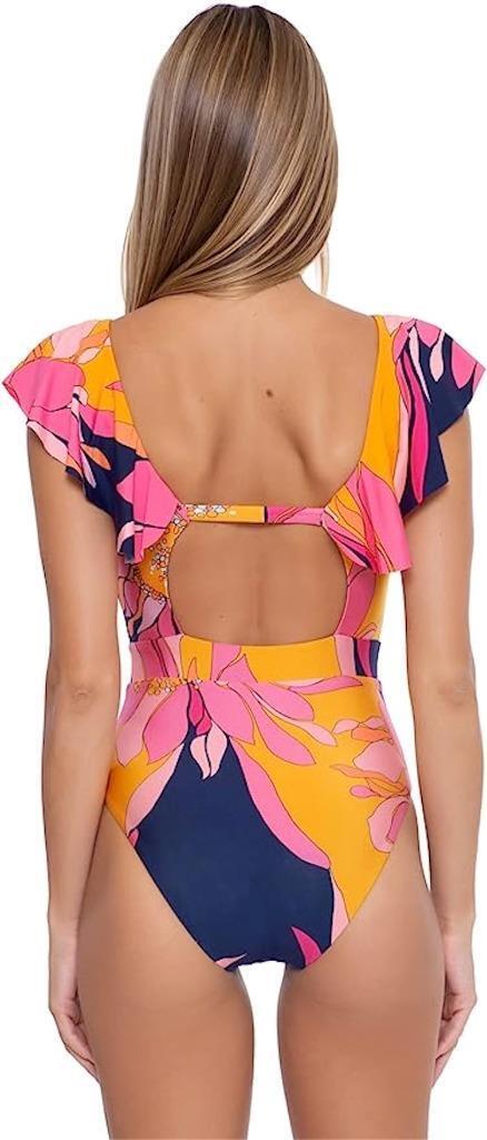 Trina Turk Swim  Breeze Ruffle Plunge One Piece / Multicolor, Size 10