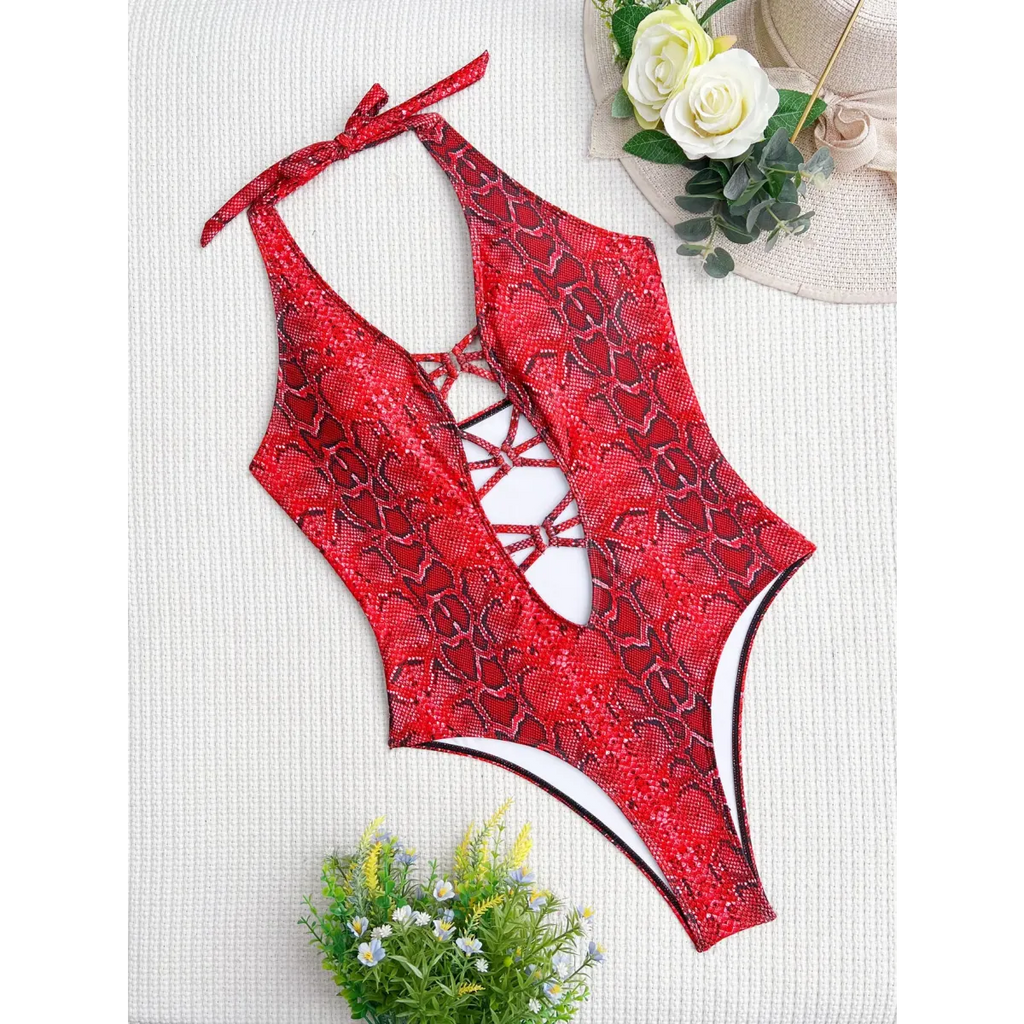 Snake Print Cutout One-Piece – Deep V Thong Swimwear