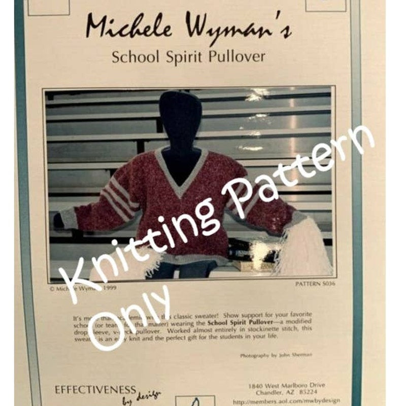 NWT Michele Wyman S036 School Spirit Pullover V-Neck Sweater Knitting Pattern