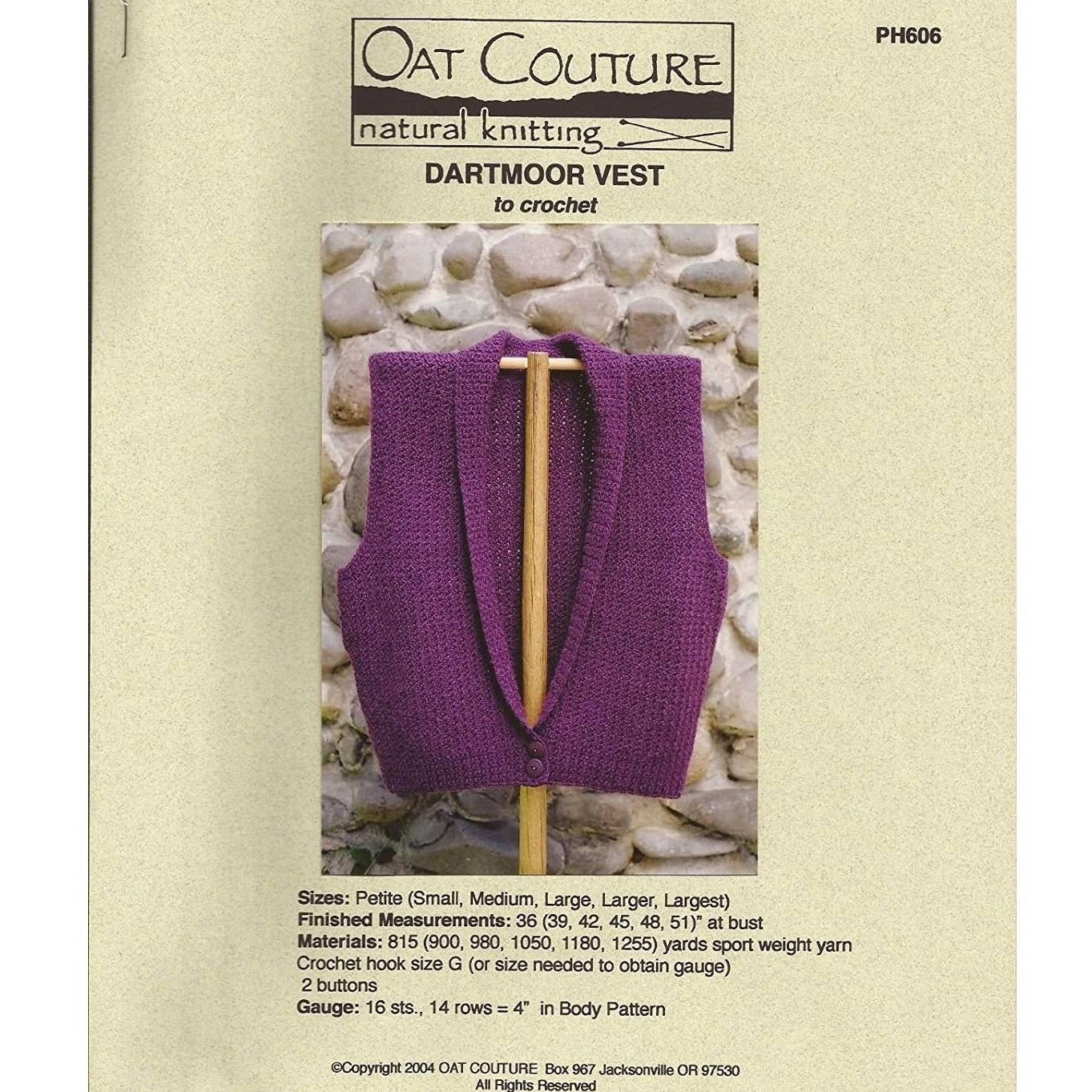 NWT Oat Couture PH606 Dartmoor Botton Down Vest 6 sizes Crochet Pattern