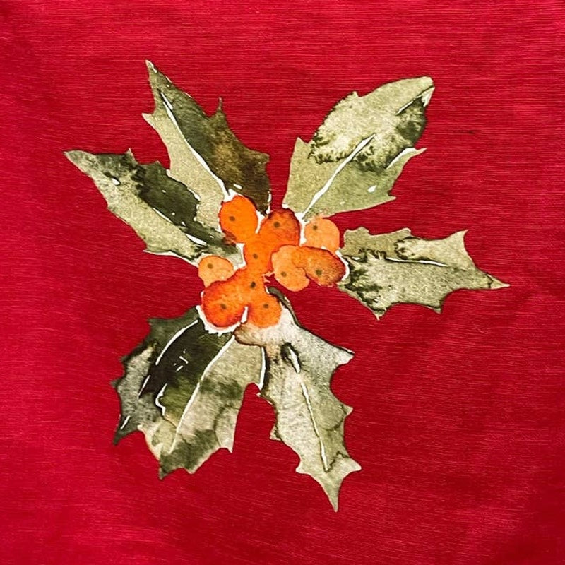 Hand Printed Upcycled Christmas Holly Leaf Berry Cotton Blend Toss Pillow Case