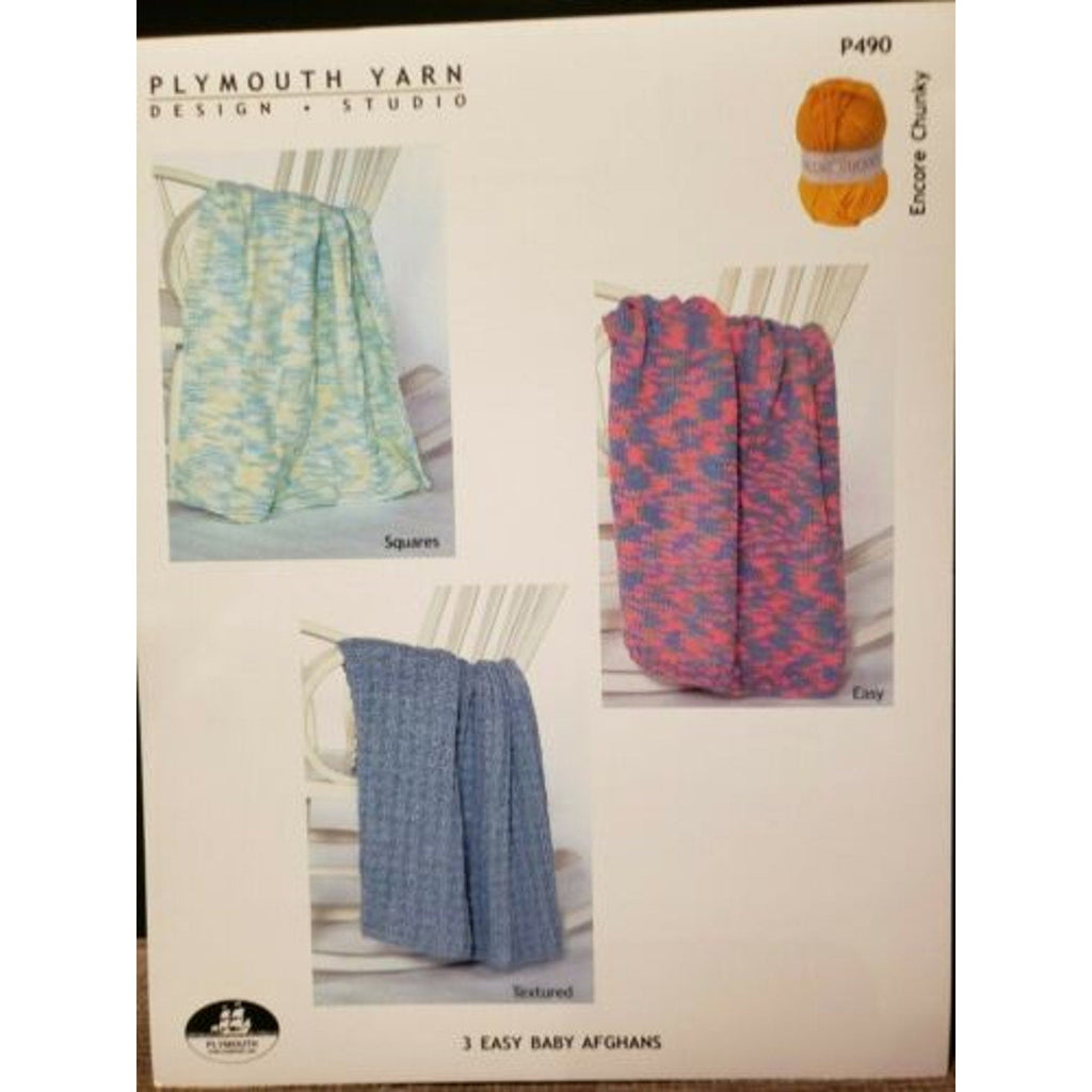 New Plymouth Yarn Encore Chunky 3 Easy Baby Afghans Throws Knitting Pattern P490