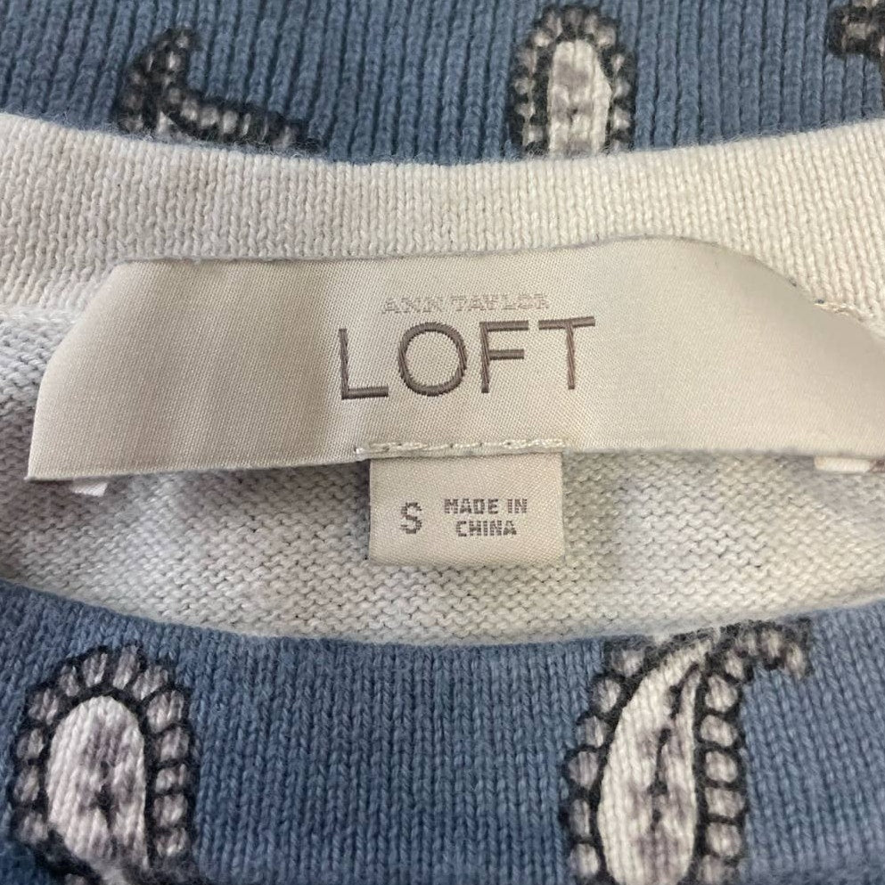 LOFT Womens Small Paisley Blue Long Sleeve Crew Neck 100% Cotton Sweater