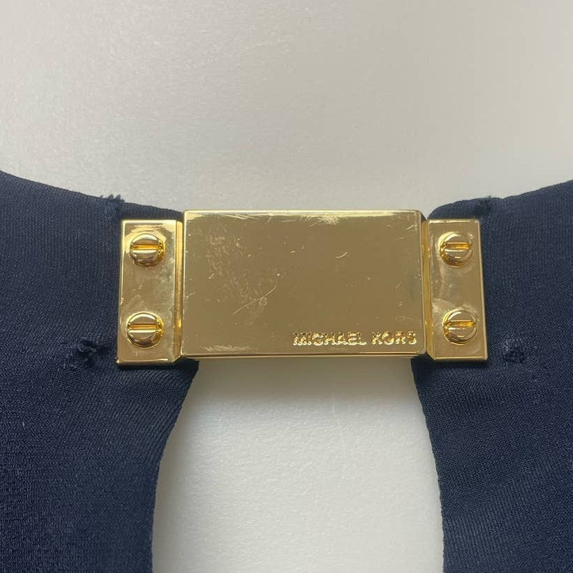 Michael Kors Small Navy Long Sleeve Keyhole Gold Charm Polyester V-Neck Blouse