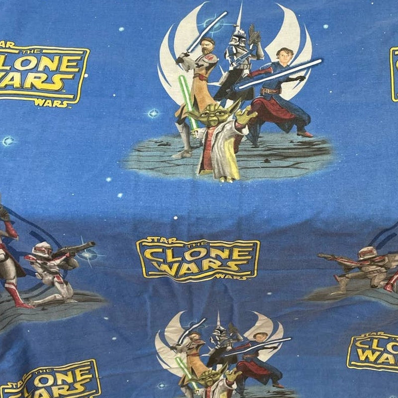 Star Wars The Clone Wars Blue Polyester Cotton Blend Yoda Anakin Twin Flat Sheet