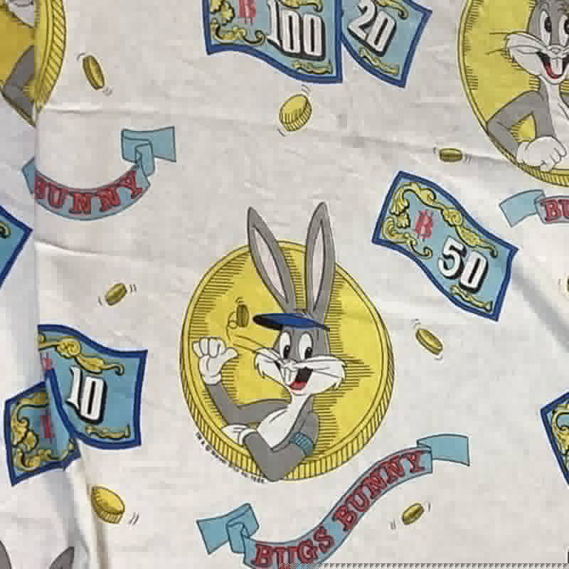 2yds Vintage 1988 Warner Bros Inc Bugs Bunny Money 100% Cotton Fabric Remnant
