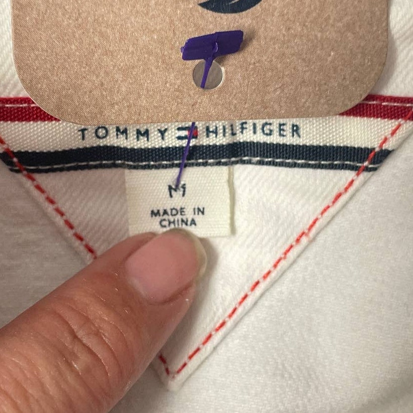 Hand Printed Upcycled Tommy Hilfiger Womens Medium Floral White Jean Jacket